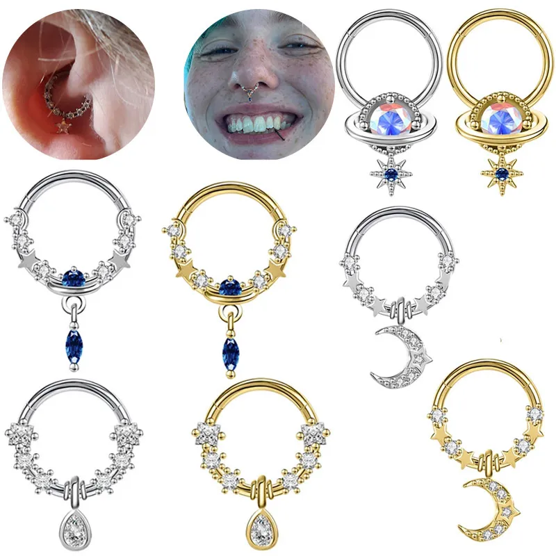 Ringos de nariz pregos pingentes estrela lua com piercing for women menina menina aço inoxidável diamante cristal jóias de moda atacado