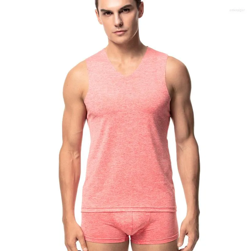 Herentanktops 2023 Silm Ice Silk Less Vest Heren strakke brede schouder V-Neck vast body Building Pak Mens-shirt en broekset