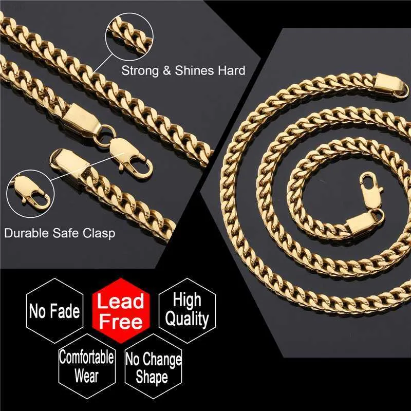 18k Real Gold Pvd Plated rostfritt stål smycken Icke-garnisk vattentät halsband Hip Hop Plain 6mm Franco Chain for Men Women