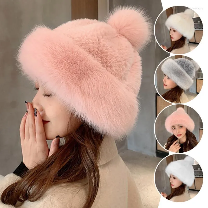 Berets Women's Fluffy Knit Faux Fur Beanie Hat Russian Cossack Pompom Cap For Winter Ski Snow Outdoor Ear Cover