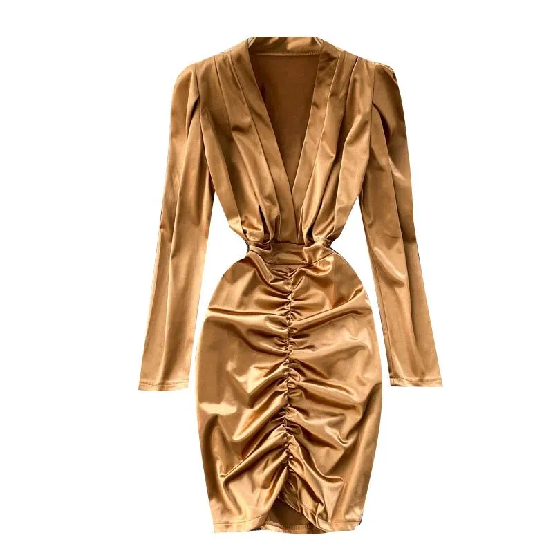 Casual jurken dames herfst winter lange mouw sexy diep v nek geplooide bodycon jurk vrouwelijke feestschede golden golden