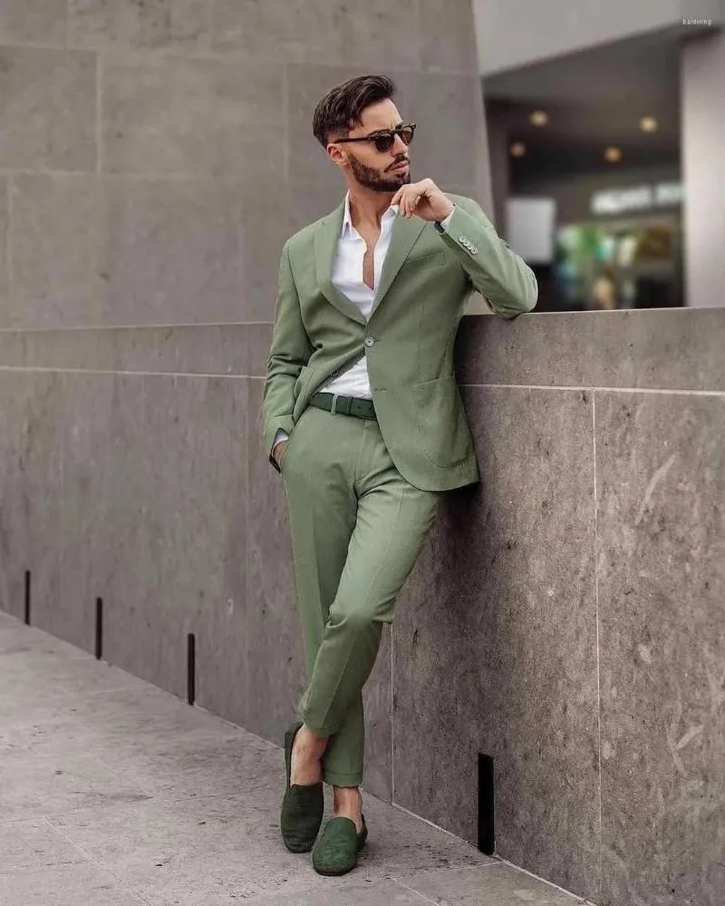 Men's Suits Costume Homme Casual Grass Green Slim Fit Men Notch Lapel Wedding Groom Prom Terno Masculino Blazer 2 Pieces Jacket Pant