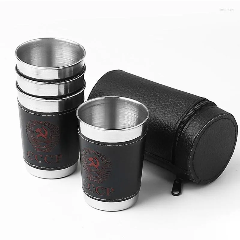 Cups Saucers 4Pcs/set Stainless Steel Mini Wine Tumbler Vodka Cup Polished Drinking S Glasses With Leather Cover Case Bag For Bar