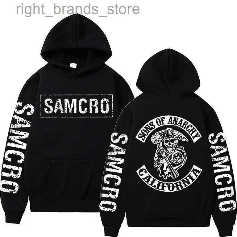 Męskie bluzy bluzy Synowie anarchii samcro dwustronna drukowana z kapturem z kapturem streetwear wiosna jesień mężczyzn Womnen Fashion Rock Punk Hoodi 0220v23