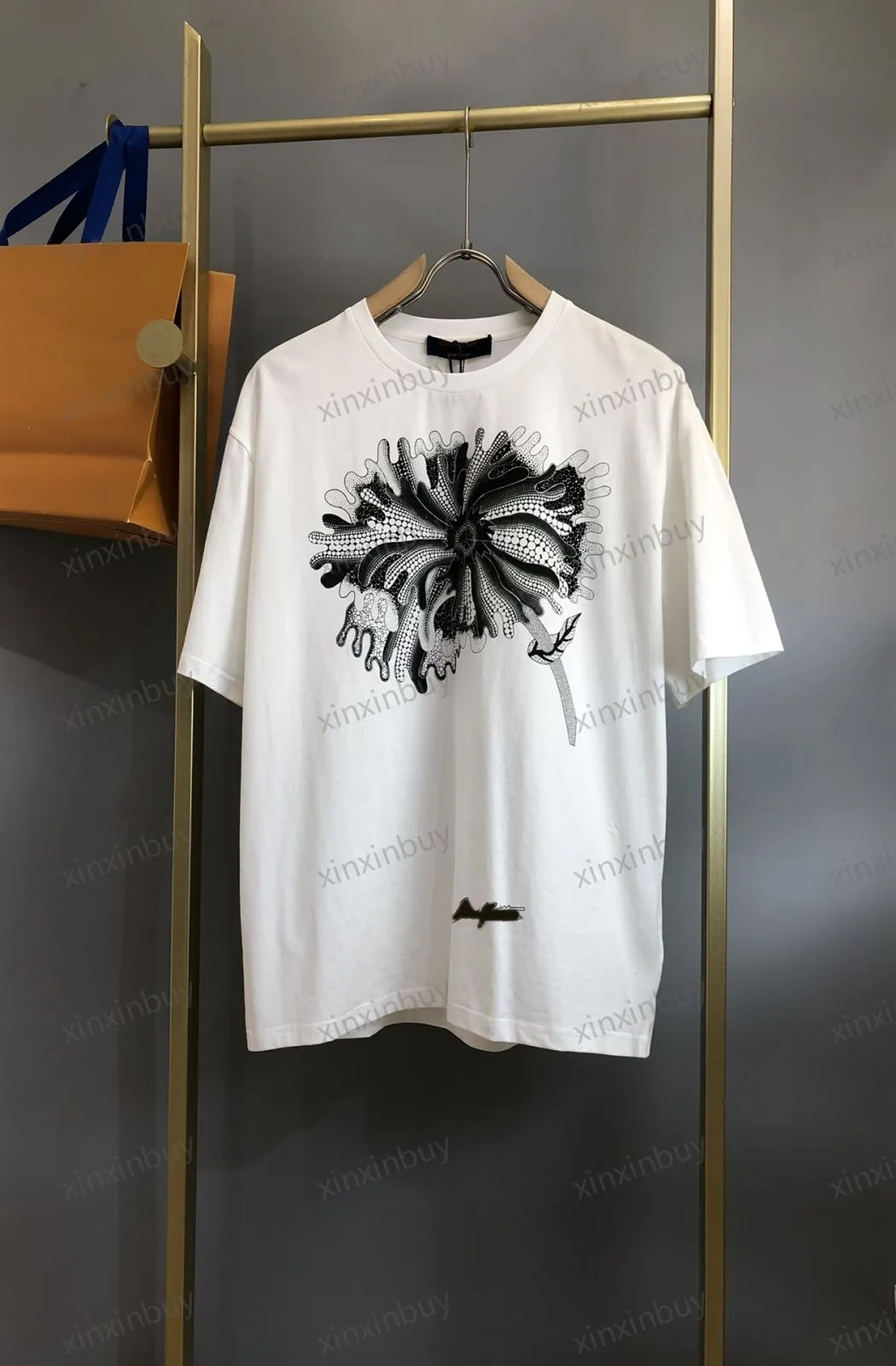 Xinxinbuy Men designer tee t shirt 23SS Paris lotus blad bokstav tryck toppkvalitet kort ￤rm bomull kvinnor vit svart beige s-3xl