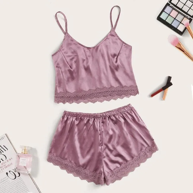 Women's Sleepwear Brand Women Sexy Satin Pajamas Sets Female Summer Stripe Solid Color Camisole Shorts Homewear Casual Clothes Suit