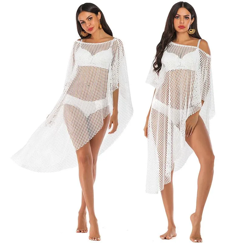 Costumi da bagno da donna 2023 Abito da spiaggia lavorato a maglia White Mesh Cover Up Tunica all'uncinetto Pareo Praia Salida De Playa Beachwear