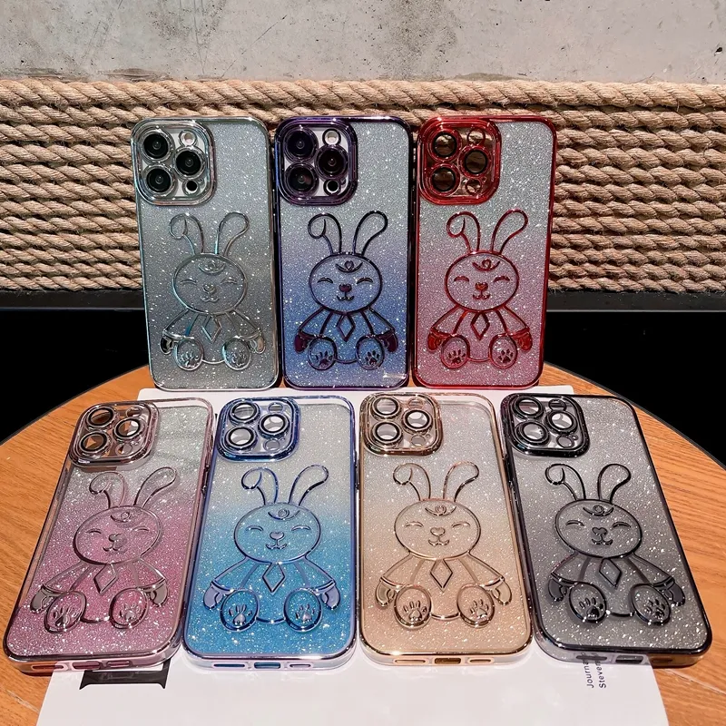 Симпатичный кролик хромированный мягкий TPU корпусы для iPhone 14 плюс Pro Max 13 12 11 Gradient Bling Gliter Camera Lens Protem