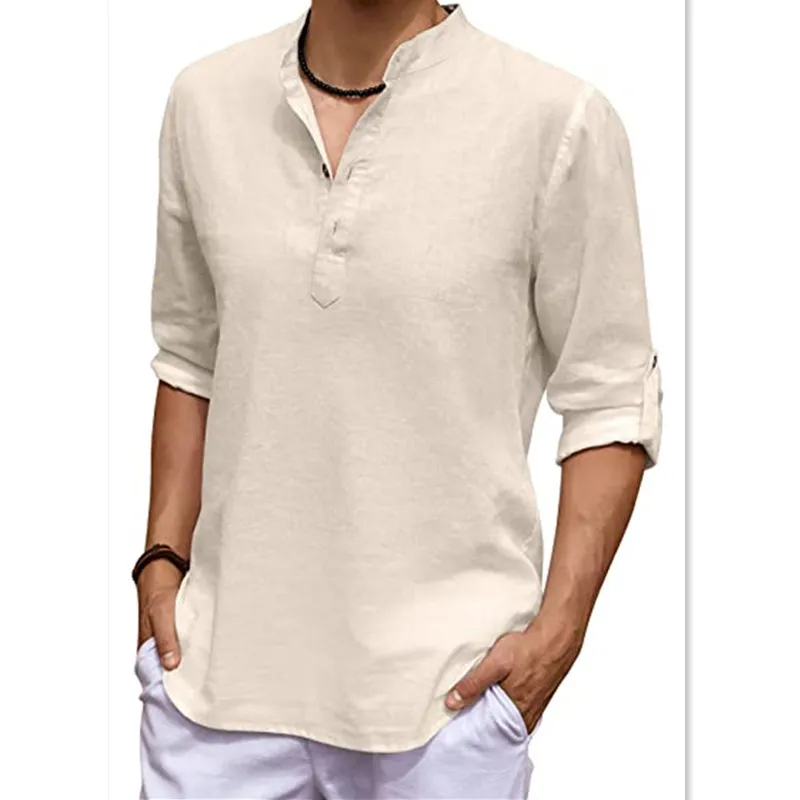 Men's Cotton Linen Long Sleeve Shirt - Solid Color Ethnic Beach Top, Loose Fit For Yoga & Travel