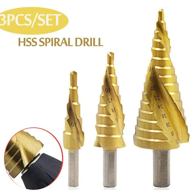 Professionella borrbitar 3st/set 4-12/20/32mm HSS Spiral Grooved Center Bit Solid Carbide Mini Accessories Titanium Step Cone