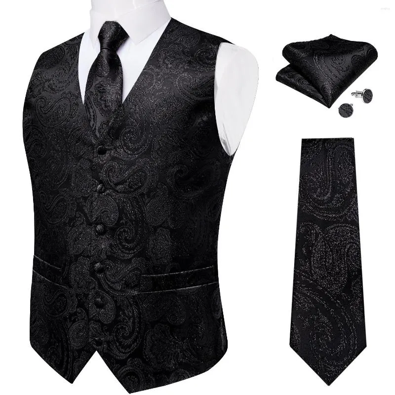 Gilet da uomo Luxury Black Paisley Silk Suit Gilet Set per uomo Cravatta da taschino Gemelli Wedding Party Tuxedo Blazer maschile Gilet