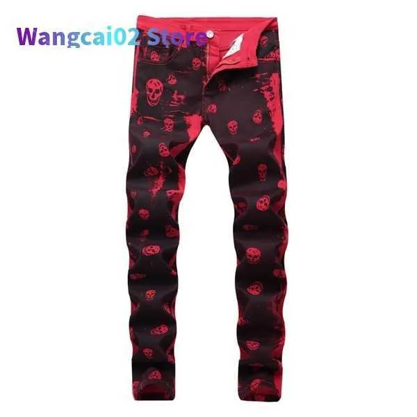 Men's Jeans Autumn Men's Fashion Skeleton Skull Printed Night Club Personality Jeans Male Slim Fit Red Denim Pants Long Trousers 022023H