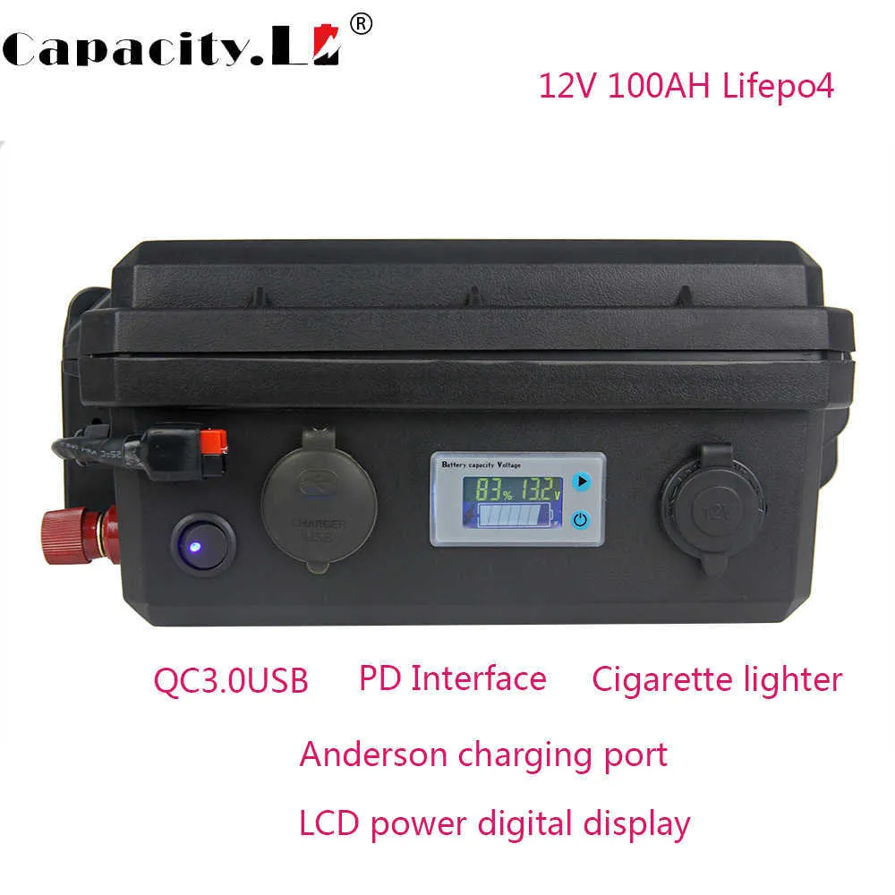 12V 100AH ​​LIFEPO4 Batterij Pack Pack Waterproof Ship Motor Zonne RV Anderson Socket RV Power Tool Lithium Battery