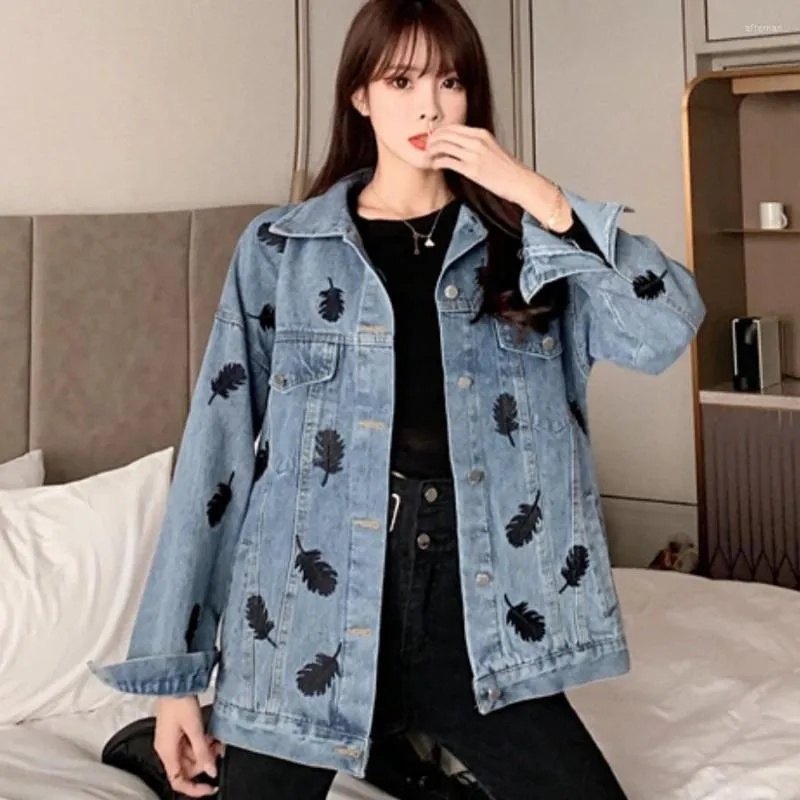 Women's Jackets 2023 Autumn Women's Denim Pattern Heavy Industry Embroidered Feather Loose Slim Long Sleeve Jacket