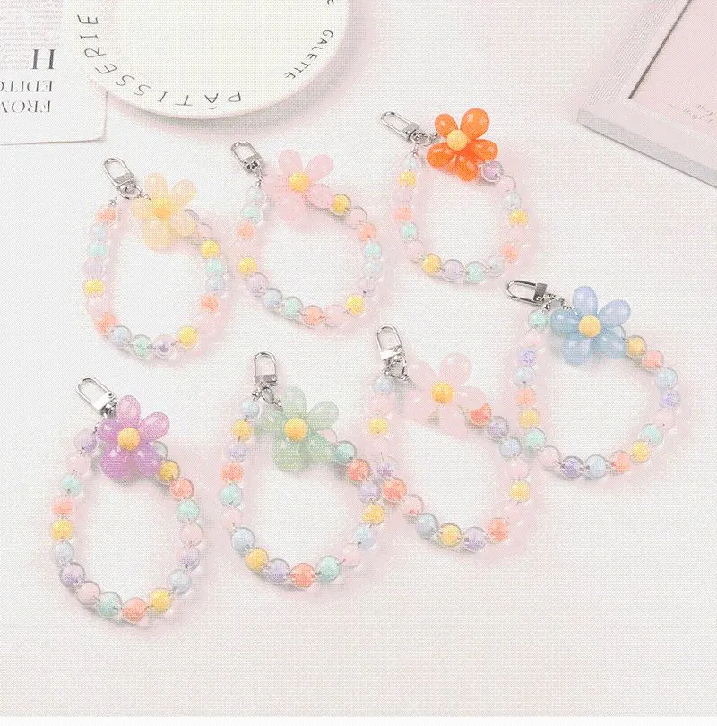 Keychains Beaded Resin Flower Keychain Pendant DIY Color Ball Chain Headphone Cover Keyring Women Bag Car Keyfob DecorationKeychains