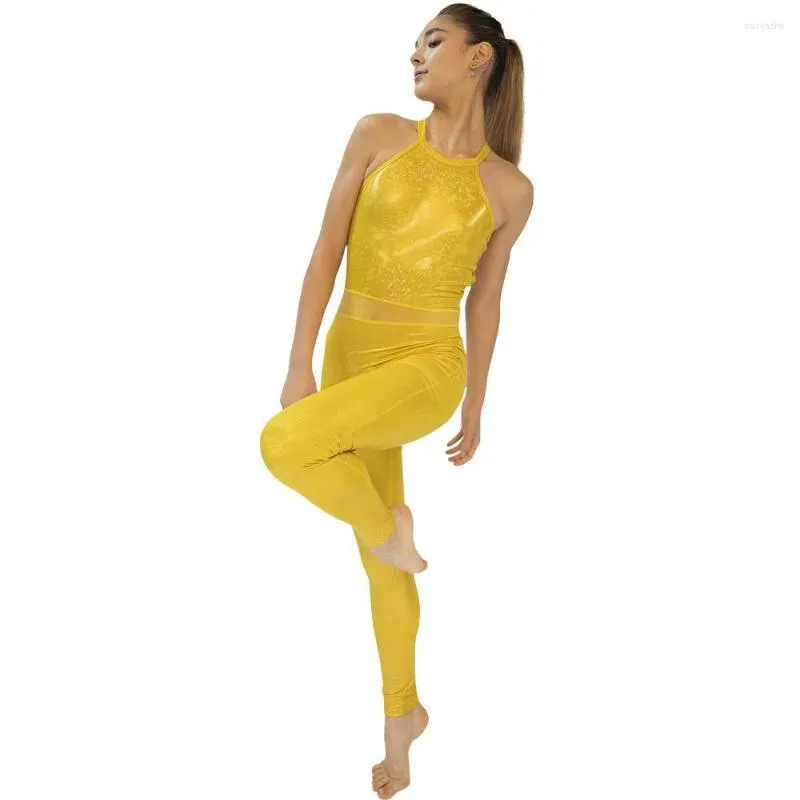 Stage Wear Yellow Hologram Sparkle Sleeveless Dance Unitards Bodysuit For Ladies And Girls More Colors Available