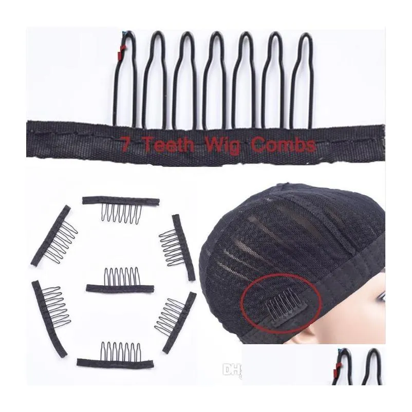 Clipes de extensão do cabelo 7 Theeth Aço inoxidável Peruca Combs para Caps Extensões fortes de renda preta entrega de entrega de produtos Acessórios Dhyrc