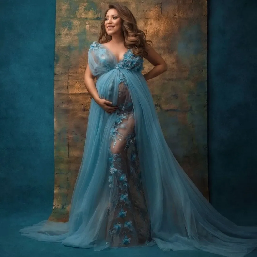 Fée 3D fleurs robe de maternité vêtements de nuit maille Tulle robes de nuit col en V voir à travers vestido de novia Photoshoot pour enceinte