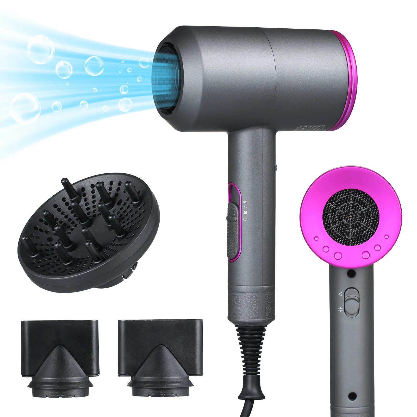 Electric Hair Dryer Ionic Hair Dryer 3 Nozzles Diffusers 3 Heat Settings 2 Speed Hot Cold Wind