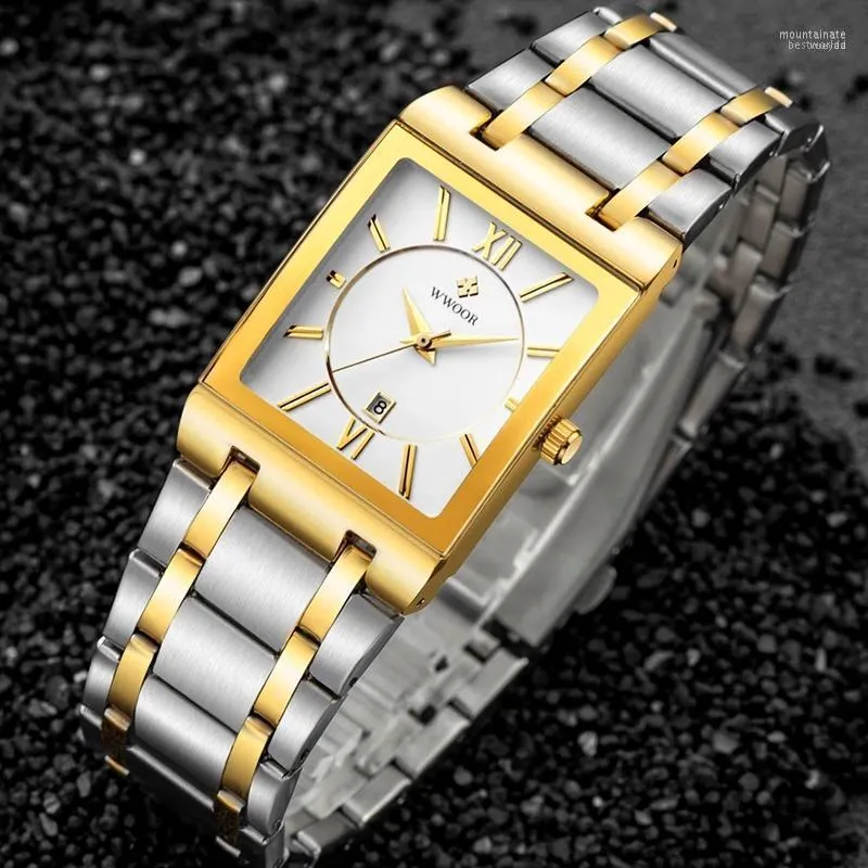 Armbanduhren WWOOR Mode Edelstahl Uhren Herren 2023 Top Rechteck Quarz Datum Uhr Männlich Gold Business Kleid Wristwatc MOUN22