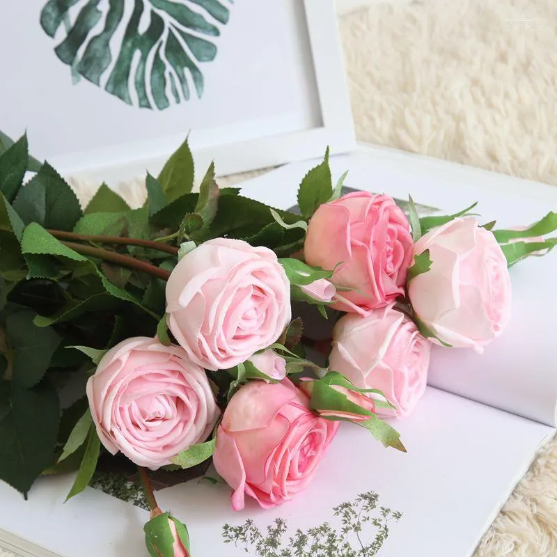 Flores decorativas 3pcs/lote de alta simulação mão sensação real toque rosa rosa casamento artificial holding bouquet decoração home decoração rosas falsas