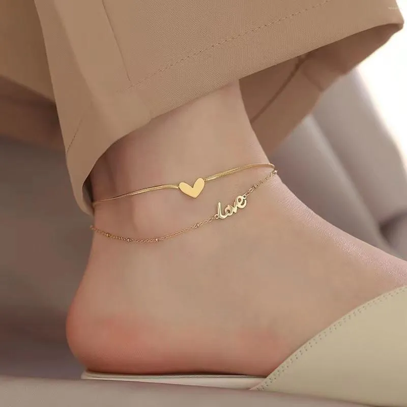 Ankjes roestvrijstalen schakelketen Meerlagige gelaagde Anklet Heart "Love" te voet enkelarmbanden voor dames been sieraden 20 cm lang