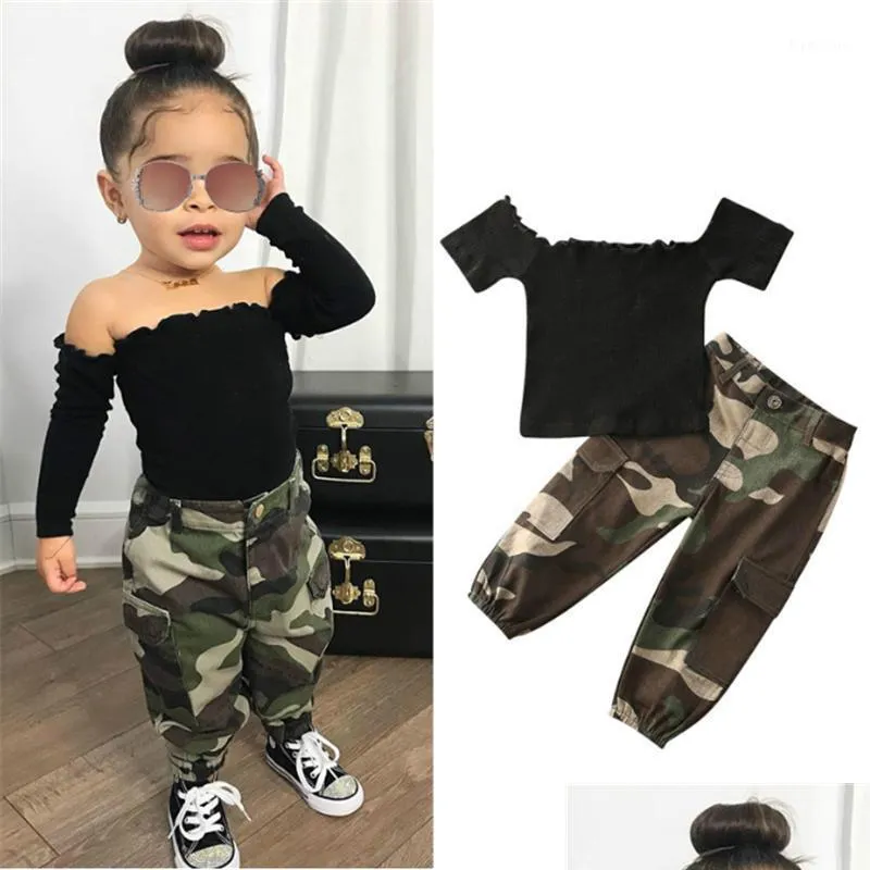 의류 세트 16y 패션 아이 여자 아기 의상 검은 색 짧은 슬리브 오프 쇼더 tshirt topsaddcamouflage apfit 2pcs1 드롭 배달 ma dhci3