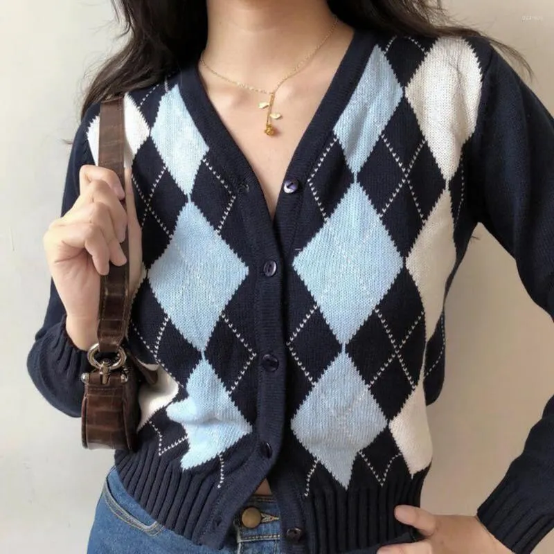 Women's Knits Skin-Touch Stylish Fall Winter Women Rhombus Pattern Knitted Cardigan Sweater Soft Jacket Thick Daily Wear