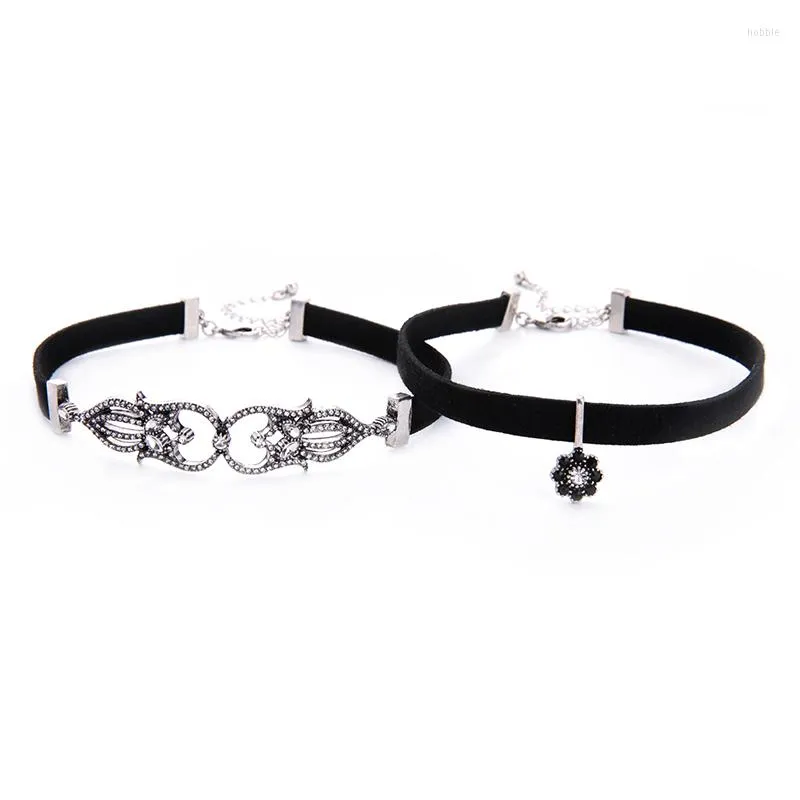 Tour de cou 2 pièces/ensemble évidé cristal noir fleur collier 2023 femmes gothique Vintage cuir daim tour de cou