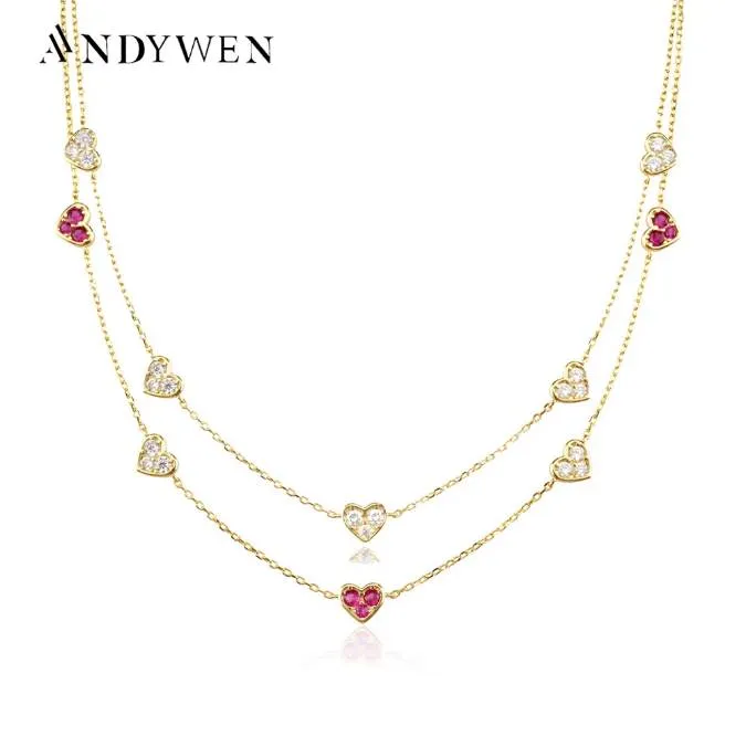 925 Sterling Silver Gold Love Heart Clear Rose Red Charm Long Chain Choker Halsband Pendant Women Wedding Luxury Jewelry