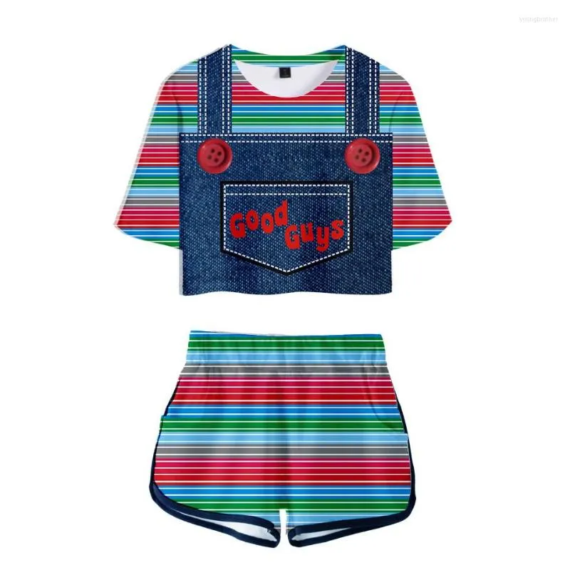 Camisetas Masculinas Camisetas Masculinas The Evil Good Guys Toy Conjunto de Duas Peças Halloween Chucky Estampado Crop Top Shorts Feminino Treino 2 Outfits Summ