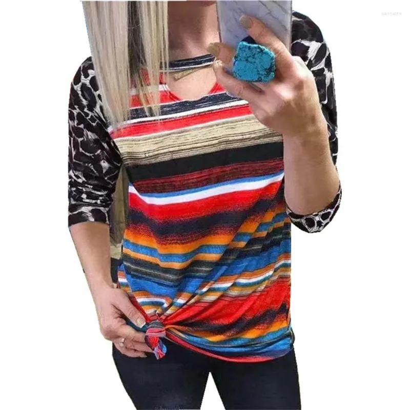 Kvinnors T-skjortor Fashion Pullover Multicolor Striped Color Matching Long-Sleeve T-Shirt Ladies Top för Autumn 2023 Casual Loose O-Neck Tops