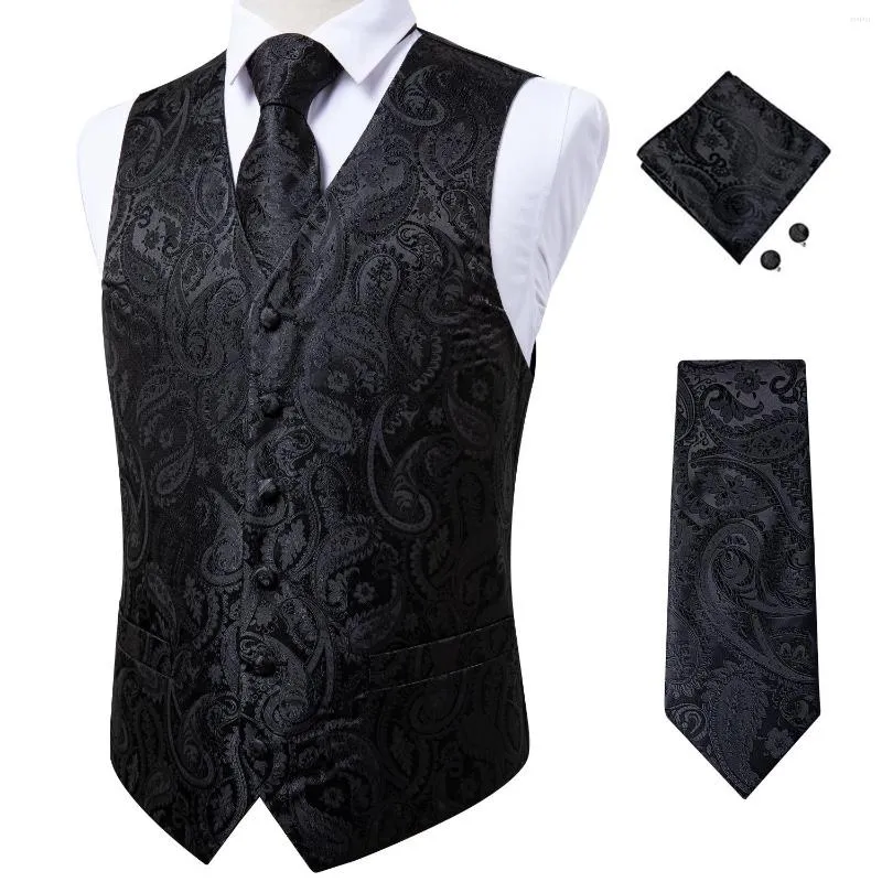 Gilet da uomo Gilet di seta Gilet da uomo Blazer da smoking Gilet con motivo cachemire nero Cravatta Set Abbigliamento Giacca da abito da sposa