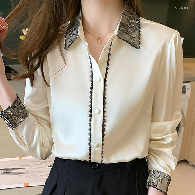 البلوزات النسائية Blusas Mujer de Moda 2023 Lace Under Twlar Chiffon Blosue Shirt Tops Femme Long Sleeve Blouse Woman