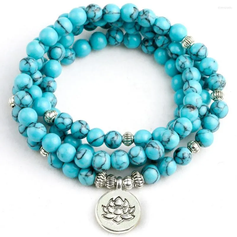 Strand Yoga Blue Howlite Stone Men 6mm 108 Braccialetti con perline Bracciale Lotus Buddha Mala per regalo di gioielli da donna