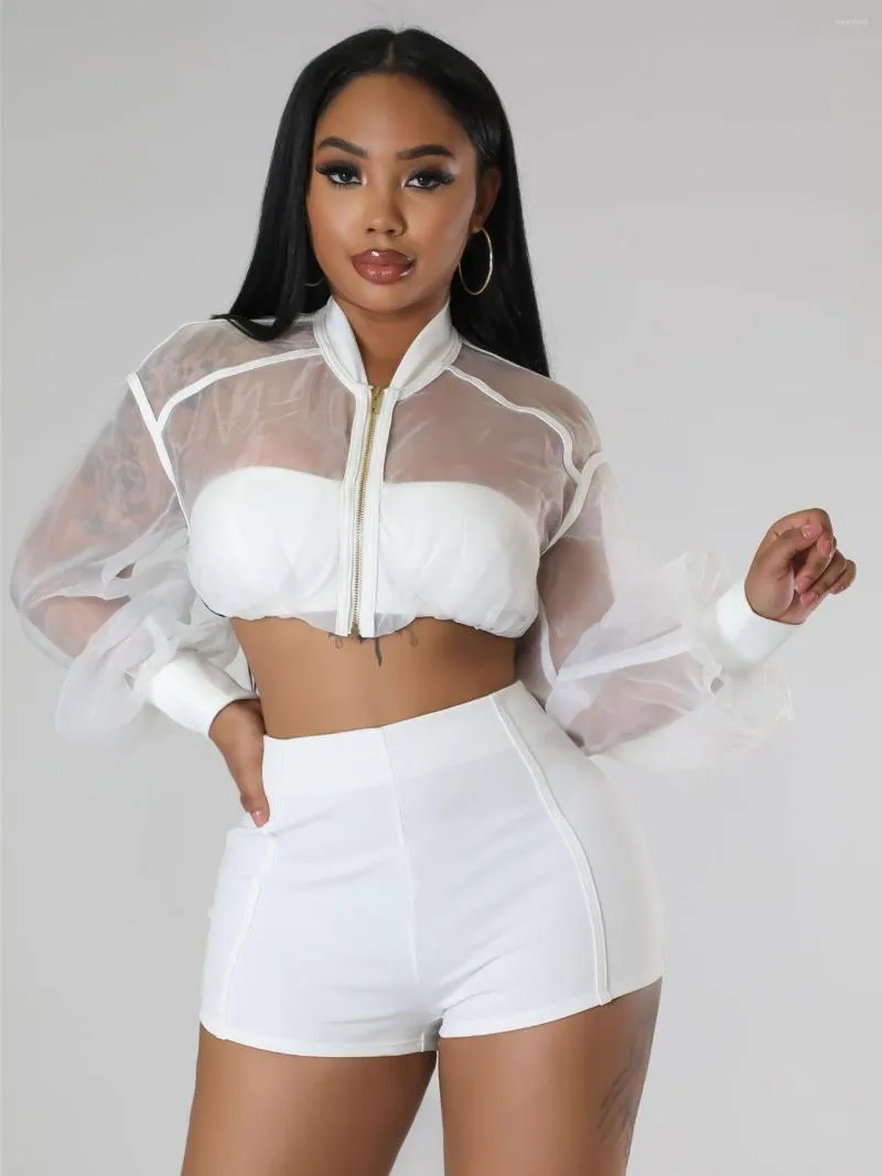 Women's Tracksuits Fashion Organza Short Tracksuit Women Sexy Sheer Mesh See Through Zipper Crop Top Shorts Skinny Club Party 2 Piece Set