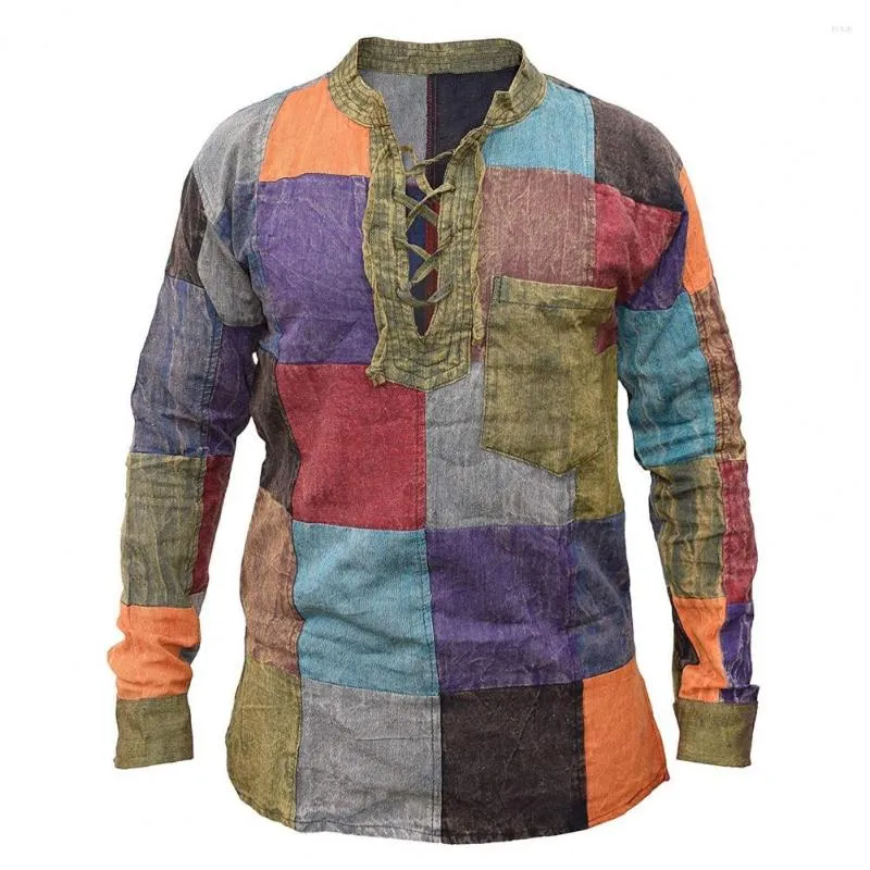 Herren-Freizeithemden, Herren-Hemd, Patchwork, Schnürung, Herbst-Top, Vintage, bunt, langärmelig, für den täglichen Gebrauch