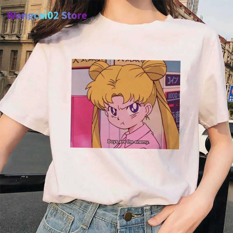 Maglietta da donna Maglietta divertente da donna Sailor Moon anni '90 HAesthetic Cat Anime Girl Arajuku Vestiti Maglietta Maglietta da donna carina Maglietta da donna Kawaii 022023H