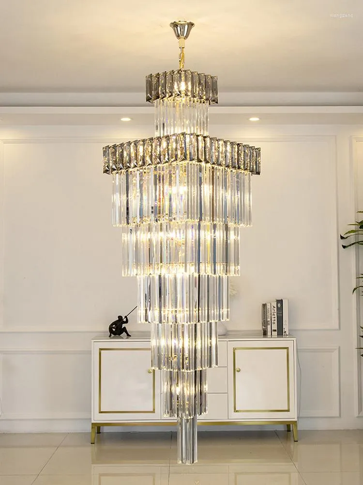 Pendant Lamps Postmodern Light Luxury Crystal Chandelier Villa Duplex Hollow Loft Middle Floor Spiral Staircase