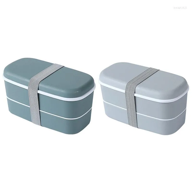 Geschirr-Sets 2Set mikrowellengeeignete 2-lagige Lunchbox mit Fächern auslaufsicherer Bento-Behälter Graugrün