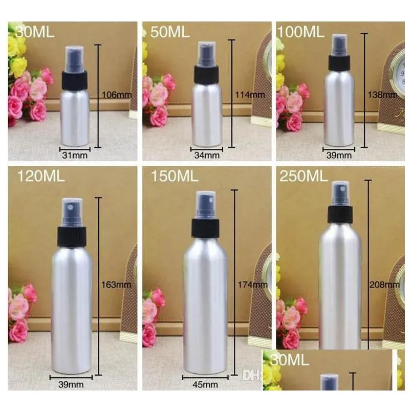 Bottiglia di profumo Bottiglie spray in metallo vuoto in alluminio Contenitori per contenitore Olio essenziale con nebulizzatore Pompa Drop Delivery Salute Dhxpg