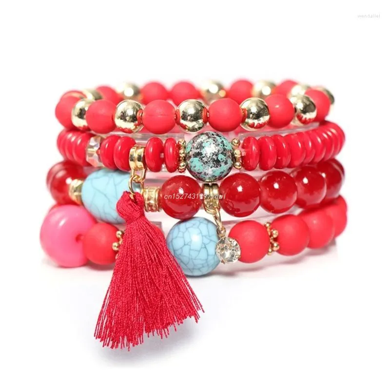 Bracelets de charme 4pcs Bohemian empilhável Mulheres de miçangas Multicolor Elastic com camadas ajustáveis ​​em camadas