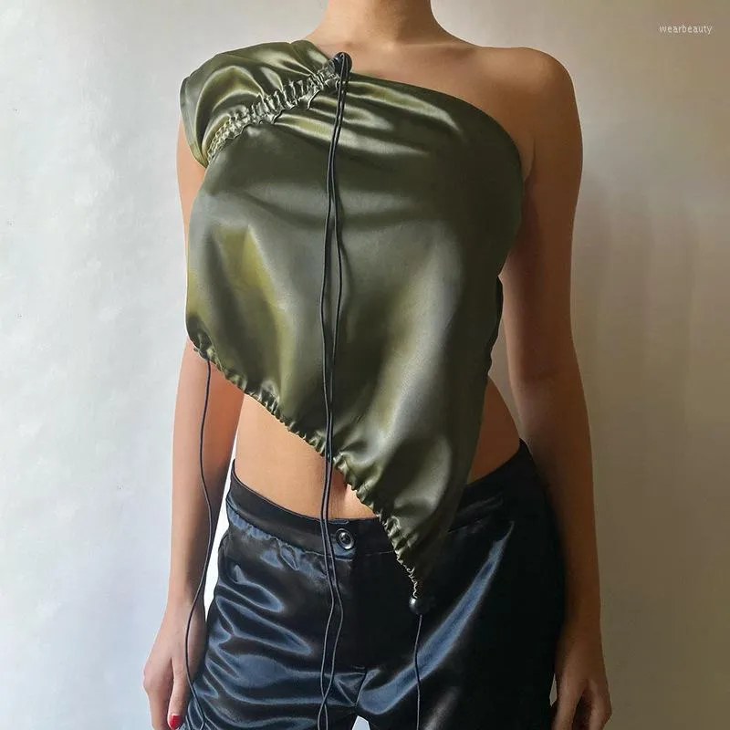 Women's Tanks Summer 2023 Woman Elegant Top Cropped Luxury Women Satin Off Shoulder Drawstring Vest Vintage