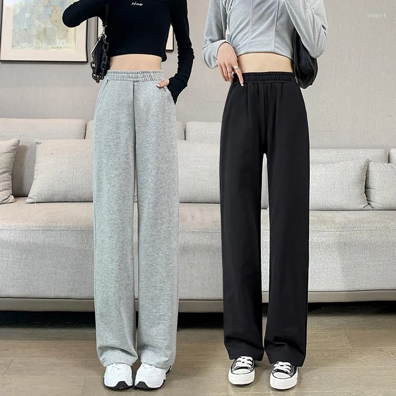 Calça feminina esportes para mulheres lisadas de perna larga de perna larga alta calça de moletom casual Casual calça cinza 2023 Moda coreana da primavera