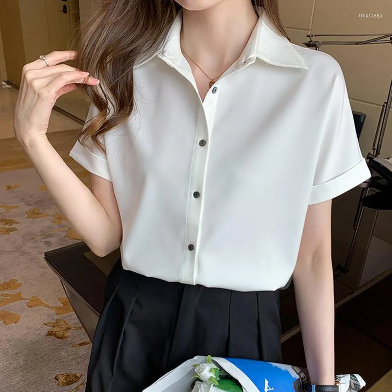 Dames blouses zijden katoenen shirt dames knop 2023 zomer tops kantoor Koreaanse modekleding korte mouw dames shirts chemisier femme