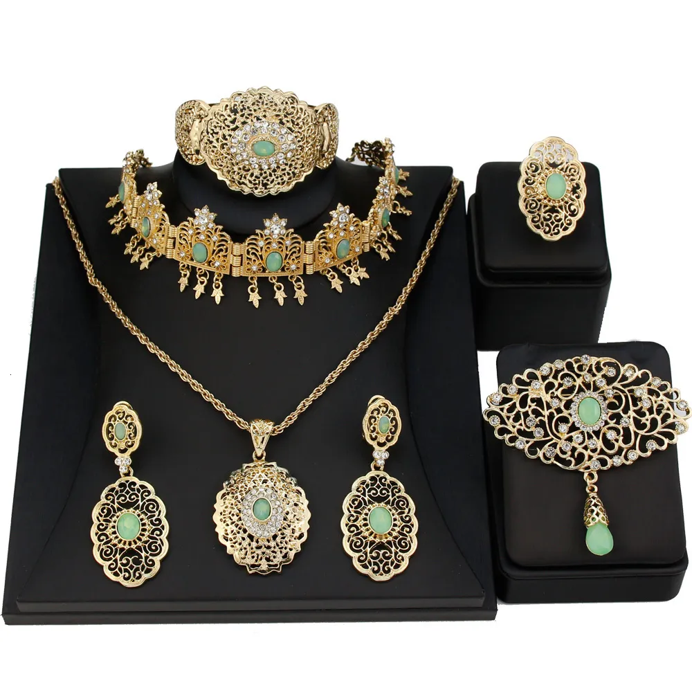 Wedding Jewelry Sets Sunspicems Gold Color Arabic Bride Wedding Jewelry Sets Morocco Caftan Accessories Hollowed Arabesques Pink Mint Green Crystal 230217