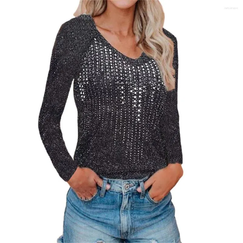 T-shirts Femmes 2023 Printemps Automne Femmes Slim Col V Côtelé Tops en tricot Paillettes Diamants T-shirt Dames Mode Casual Manches Longues Rue