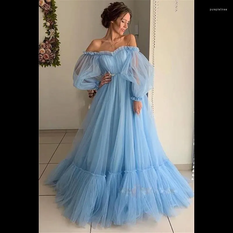 Casual Dresses Elegant Off-Shoulder Ball Gown Women Pink Slash-Neck Comfort Mesh Formal Dress Bridesmaid Clothing Blue Floor-Length Party