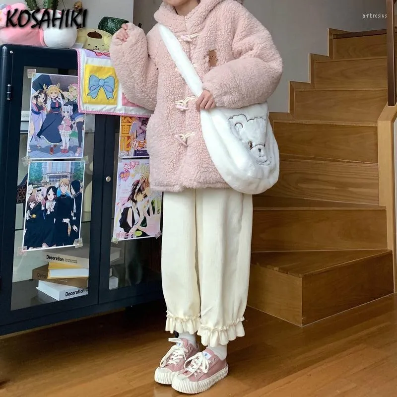 Women's Jackets KOSAHIKI Korean Autumn Winter Casual Lambswool Cartoon Bear Jacket Loose Vintage Japanese Kawaii Sweet Coat Chaqueta Mujer