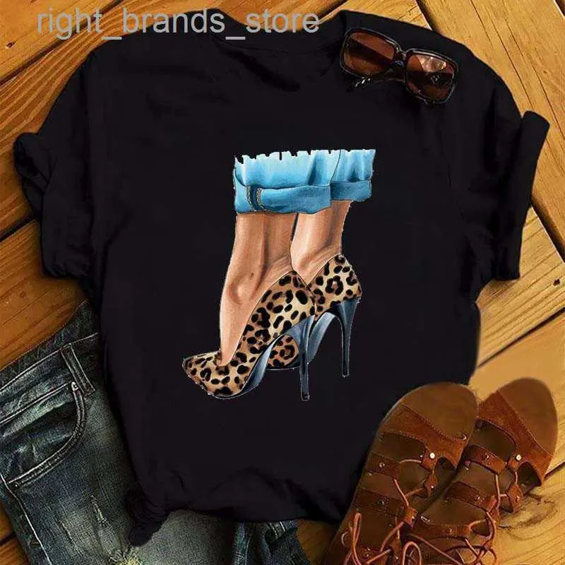 Women's T-Shirt ZOGANKIN Womens Black T-Shirt Summer New Fashion Leopard High Heel Short Sleeve Print Clothes Ladies Graphic Tops Female Clothes0220V23